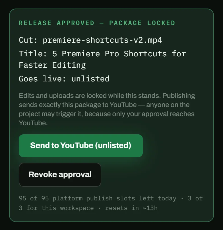 VidGate's approval panel reading “Release approved — package locked”, naming the exact cut, the title and that it goes live unlisted