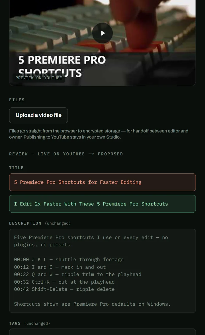 The proposed title beside the live one, on a phone-width screen