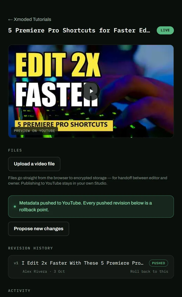 The same project after approval, marked Live with the new thumbnail