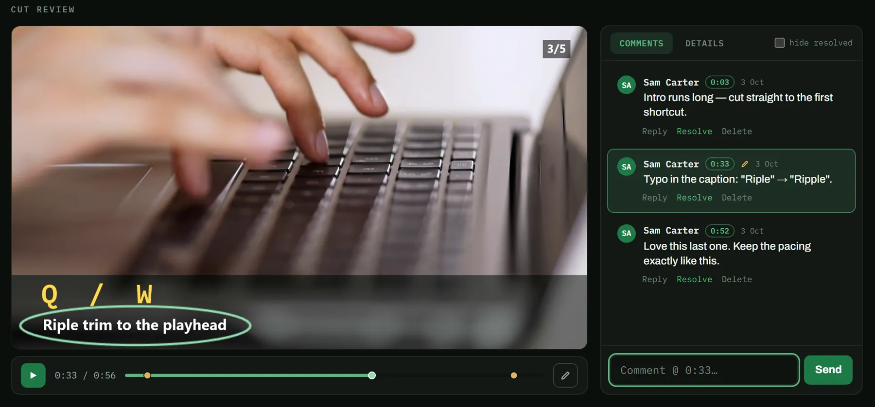 The cut paused at 0:33 with a circle drawn around a misspelt caption, and a note: “Typo in the caption: Riple → Ripple.”