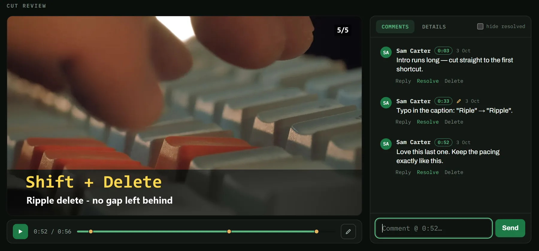 The cut paused at 0:52 with three notes in the panel and three markers on the timeline