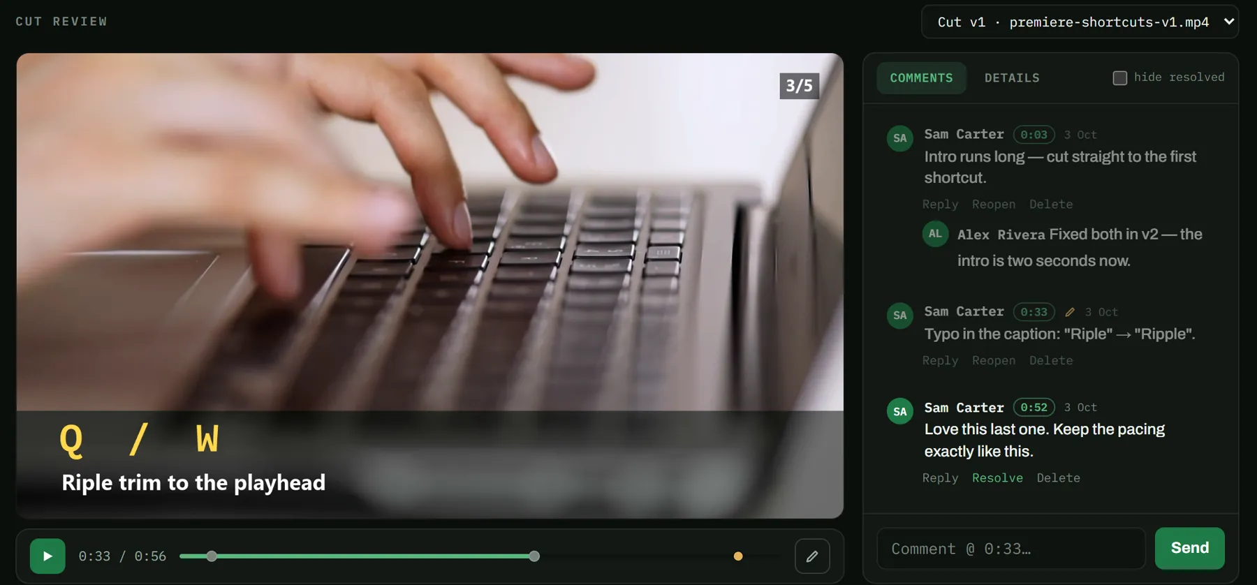 The same thread with the editor's reply under the first note: “Fixed both in v2 — the intro is two seconds now.”
