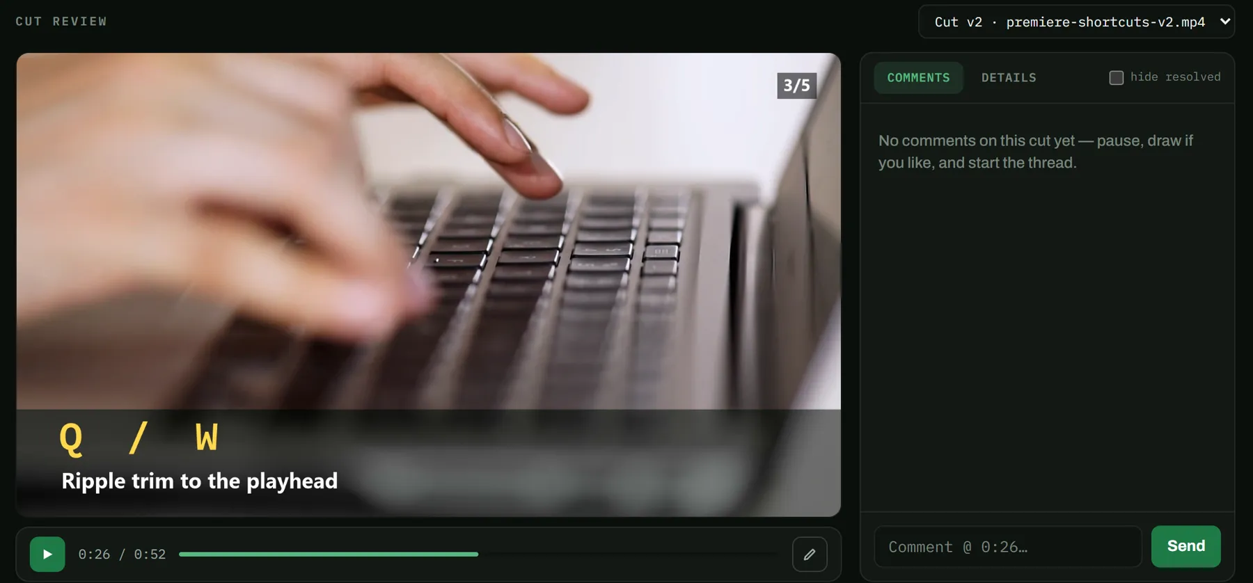 The second cut selected, paused on the same caption, which now reads “Ripple trim to the playhead”